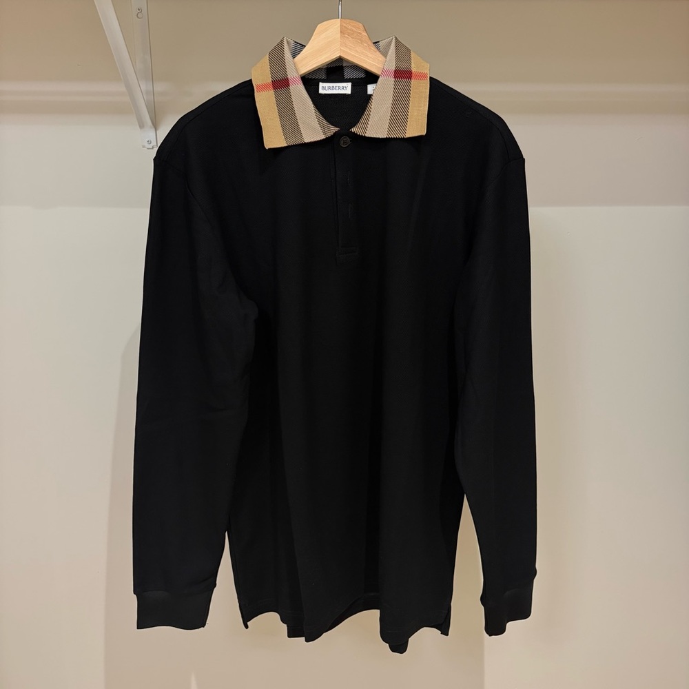 Burberry Long-sleeve Check Collar Cotton Polo Shirt Black Size Large
